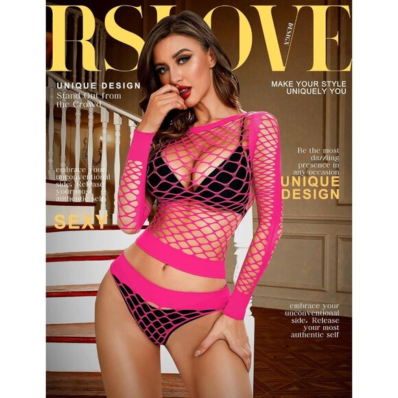 🆕Women Fluorescence Pink Mesh Lingerie Fishnet Bodysuit See Through Baby doll - Picture 2 of 5